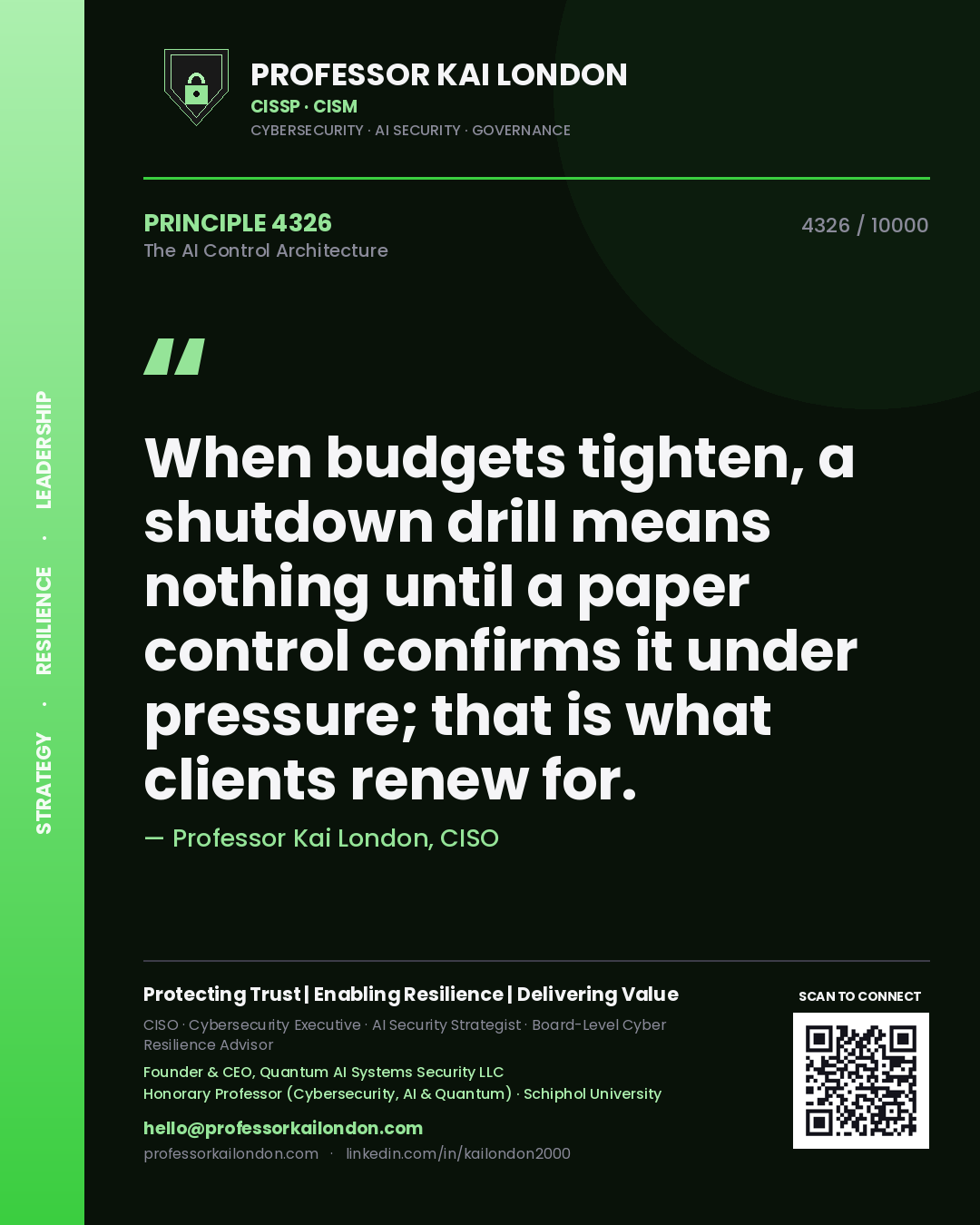 Quote card by Professor Kai London reading 'When budgets tighten, a shutdown drill means nothing until a paper control confirms it under pressure; that is what clients renew for.'. From the book The AI Control Architecture.