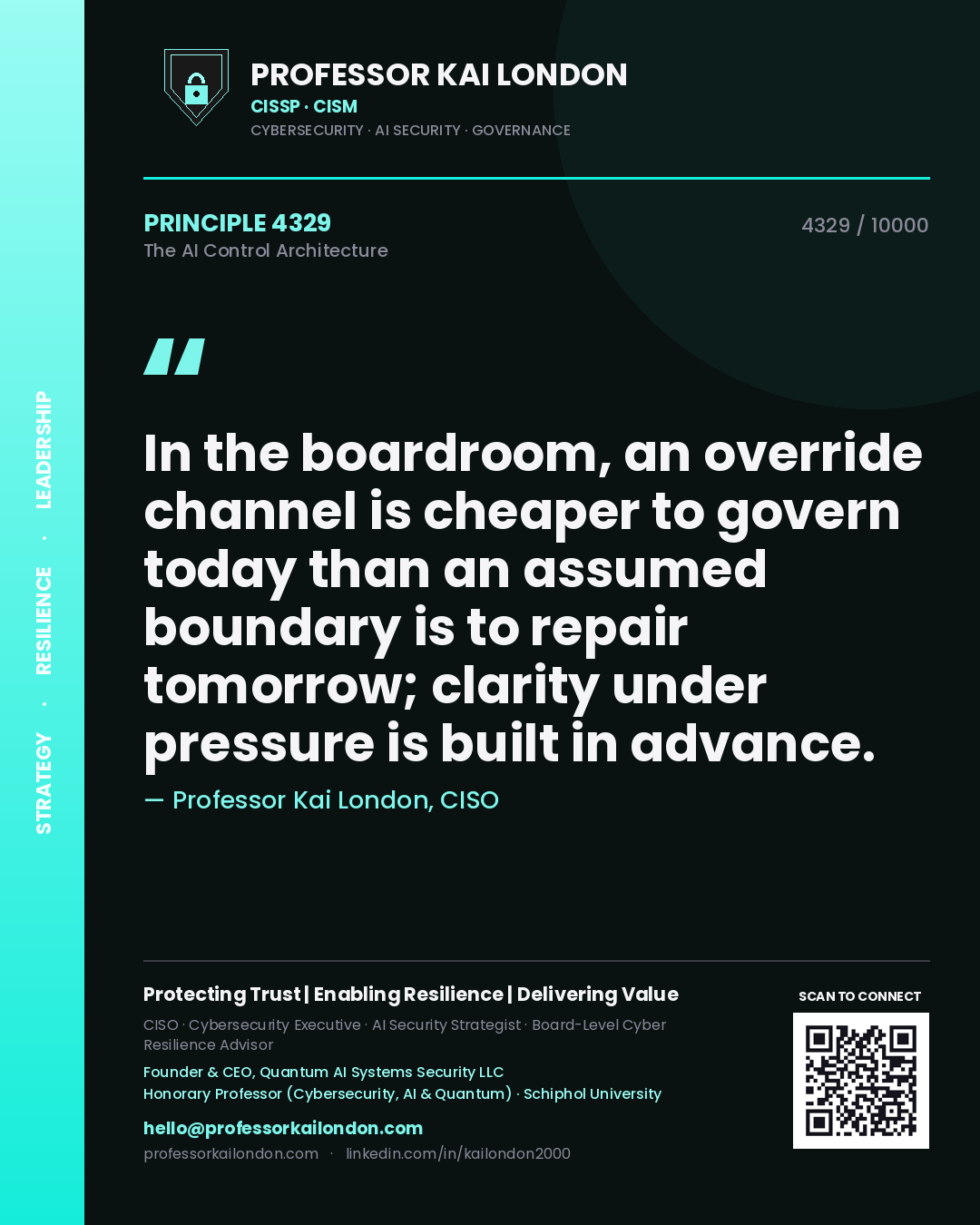 Quote card by Professor Kai London reading 'In the boardroom, an override channel is cheaper to govern today than an assumed boundary is to repair tomorrow; clarity under pressure is built in advance.'. From the book The AI Control Architecture.