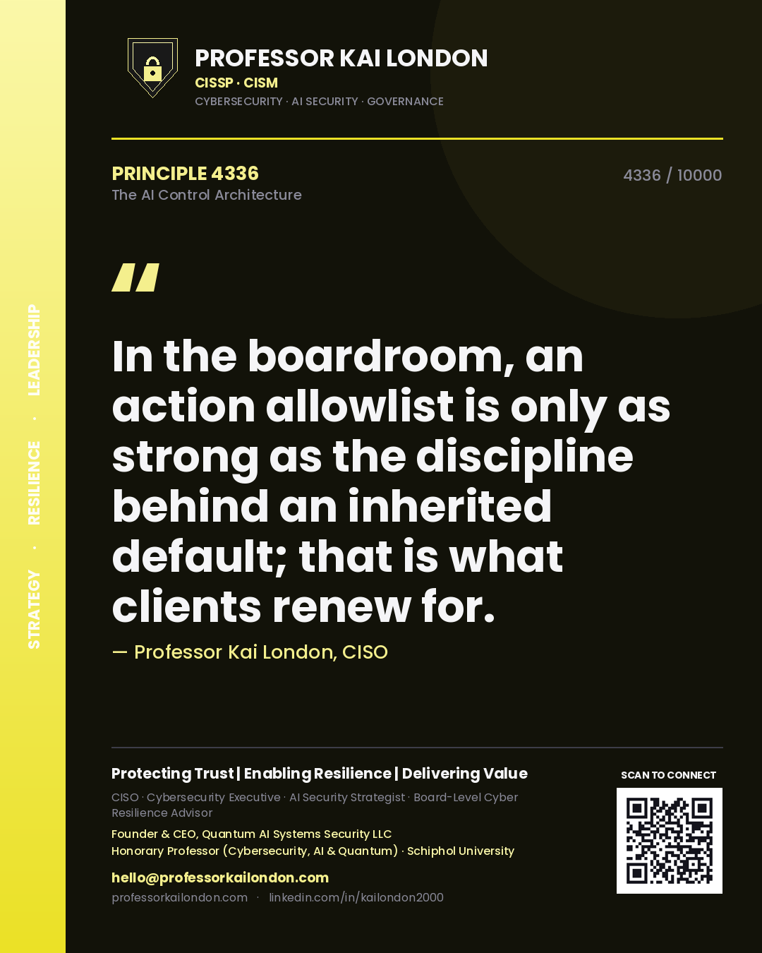 Quote card by Professor Kai London reading 'In the boardroom, an action allowlist is only as strong as the discipline behind an inherited default; that is what clients renew for.'. From the book The AI Control Architecture.