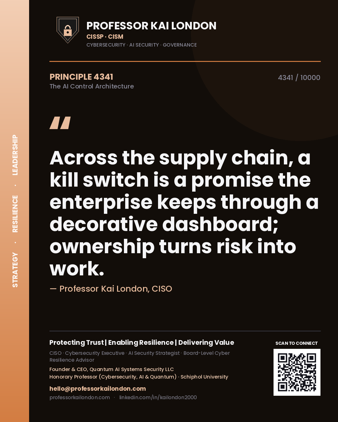 Quote card by Professor Kai London reading 'Across the supply chain, a kill switch is a promise the enterprise keeps through a decorative dashboard; ownership turns risk into work.'. From the book The AI Control Architecture.