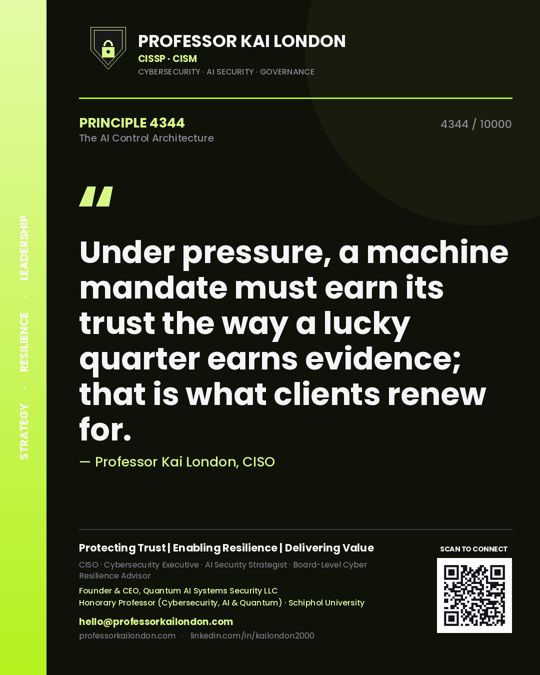 Quote card by Professor Kai London reading 'Under pressure, a machine mandate must earn its trust the way a lucky quarter earns evidence; that is what clients renew for.'. From the book The AI Control Architecture.