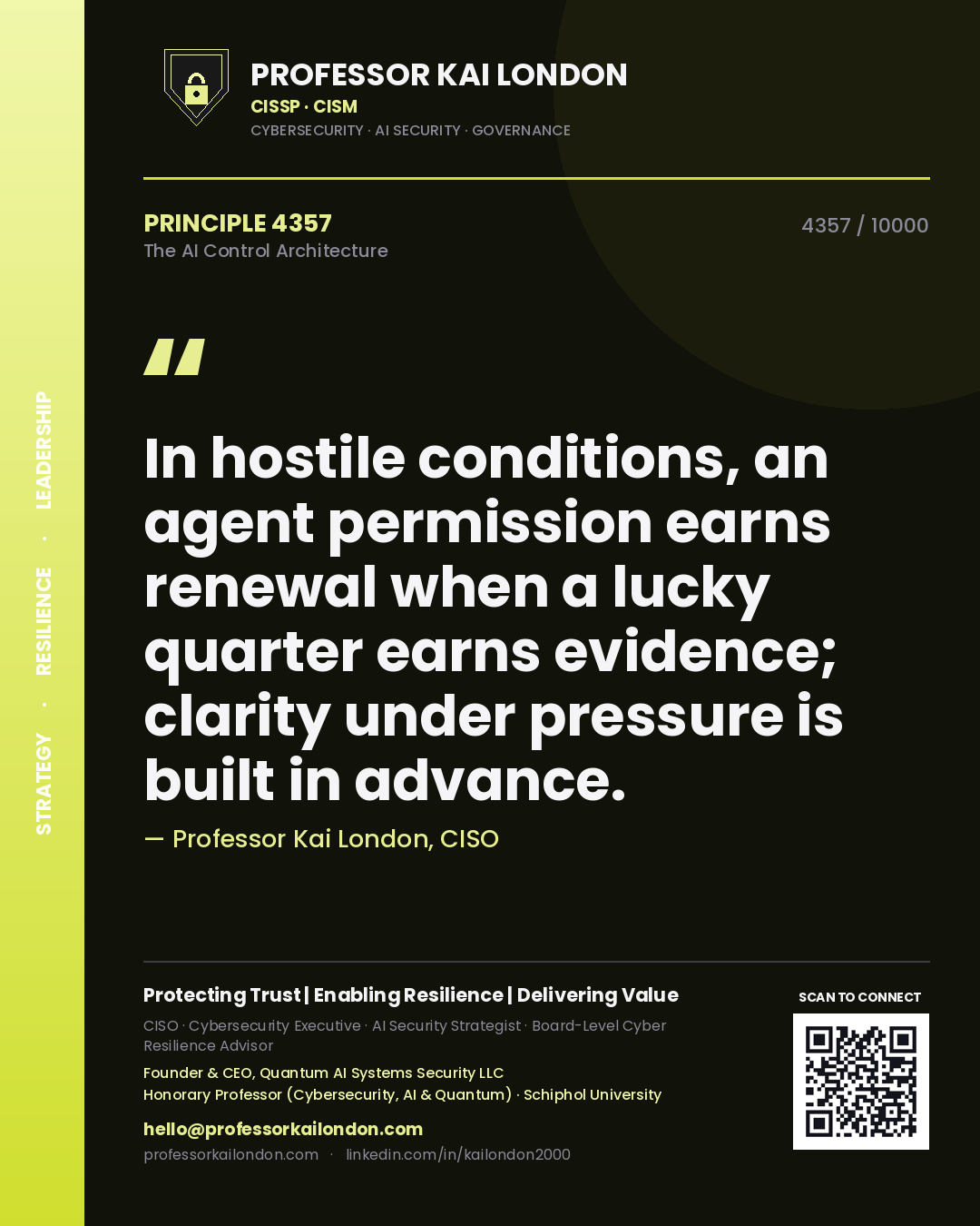 Professor Kai London principle 4357: In hostile conditions, an agent permission earns renewal when a lucky quarter earns evidence; clarity under pressure is built in advance.