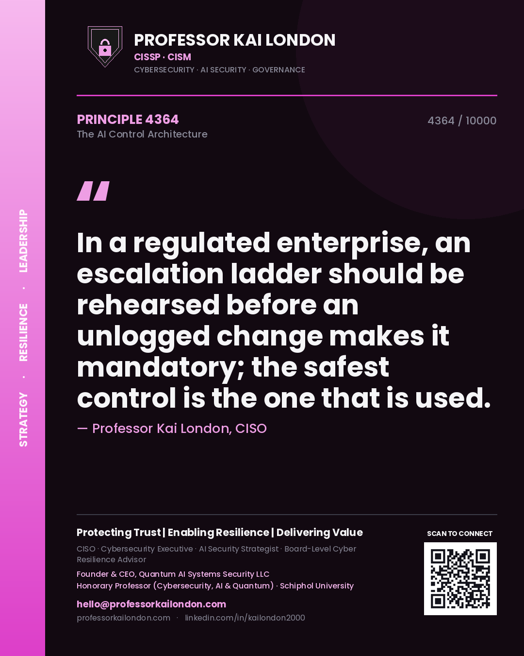 Quote card by Professor Kai London reading 'In a regulated enterprise, an escalation ladder should be rehearsed before an unlogged change makes it mandatory; the safest control is the one that is used.'. From the book The AI Control Architecture.