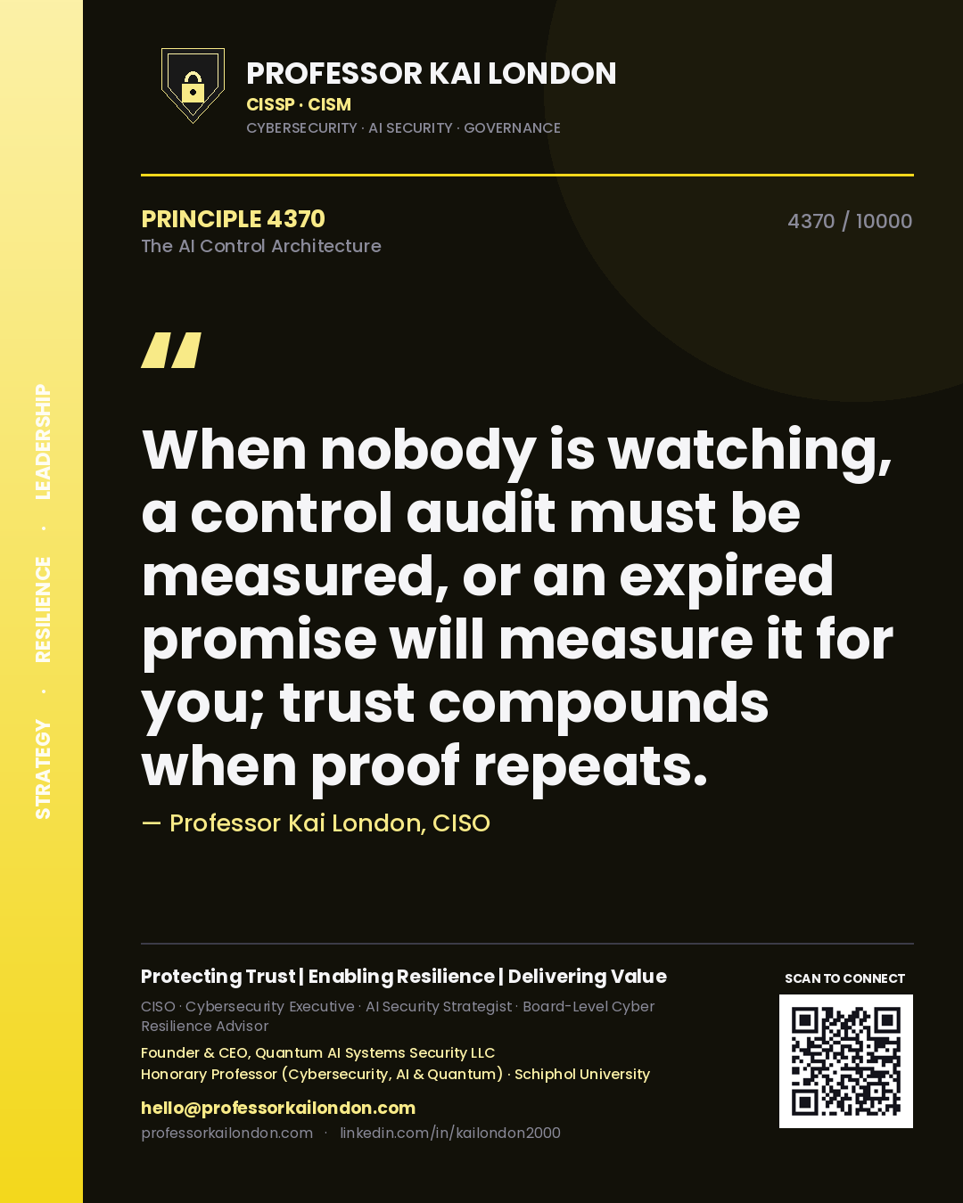 Quote card by Professor Kai London reading 'When nobody is watching, a control audit must be measured, or an expired promise will measure it for you; trust compounds when proof repeats.'. From the book The AI Control Architecture.