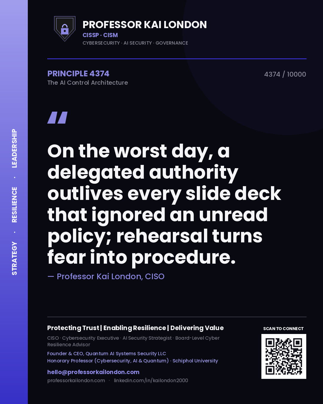 Quote card by Professor Kai London reading 'On the worst day, a delegated authority outlives every slide deck that ignored an unread policy; rehearsal turns fear into procedure.'. From the book The AI Control Architecture.