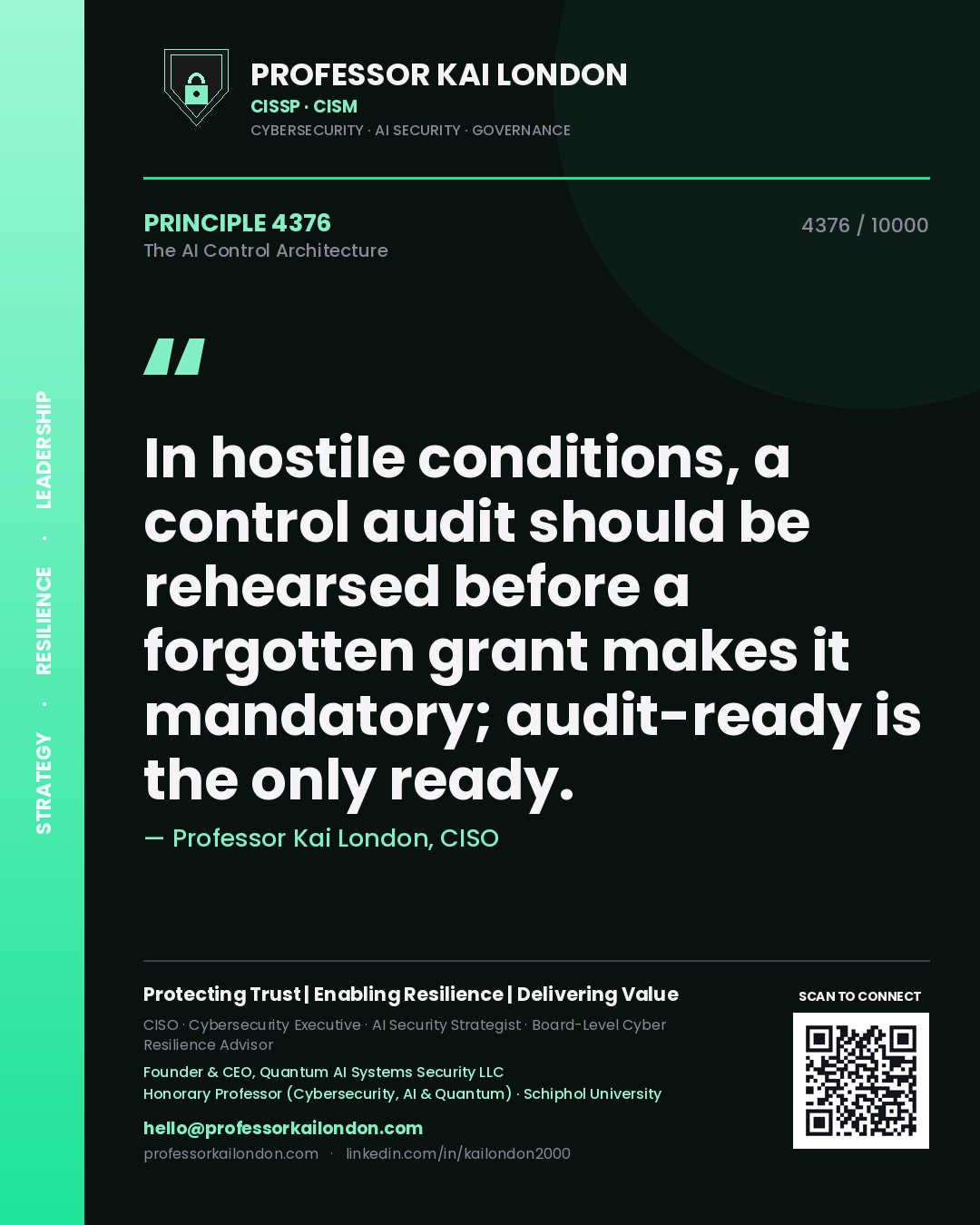 Quote card by Professor Kai London reading 'In hostile conditions, a control audit should be rehearsed before a forgotten grant makes it mandatory; audit-ready is the only ready.'. From the book The AI Control Architecture.