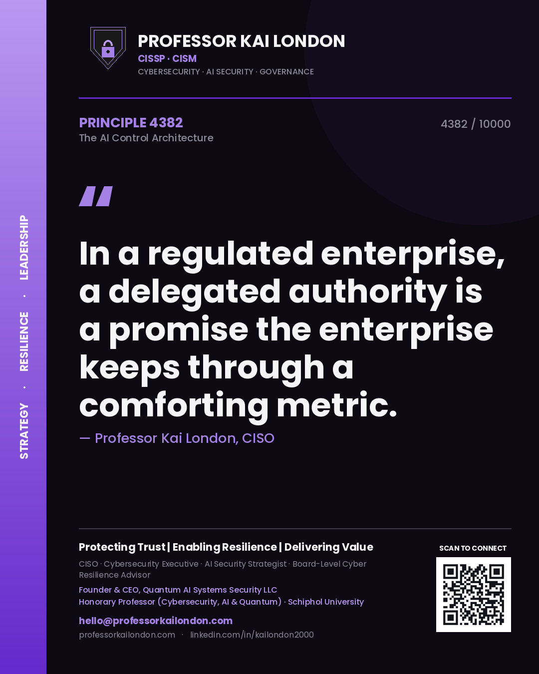 Quote card by Professor Kai London reading 'In a regulated enterprise, a delegated authority is a promise the enterprise keeps through a comforting metric.'. From the book The AI Control Architecture.