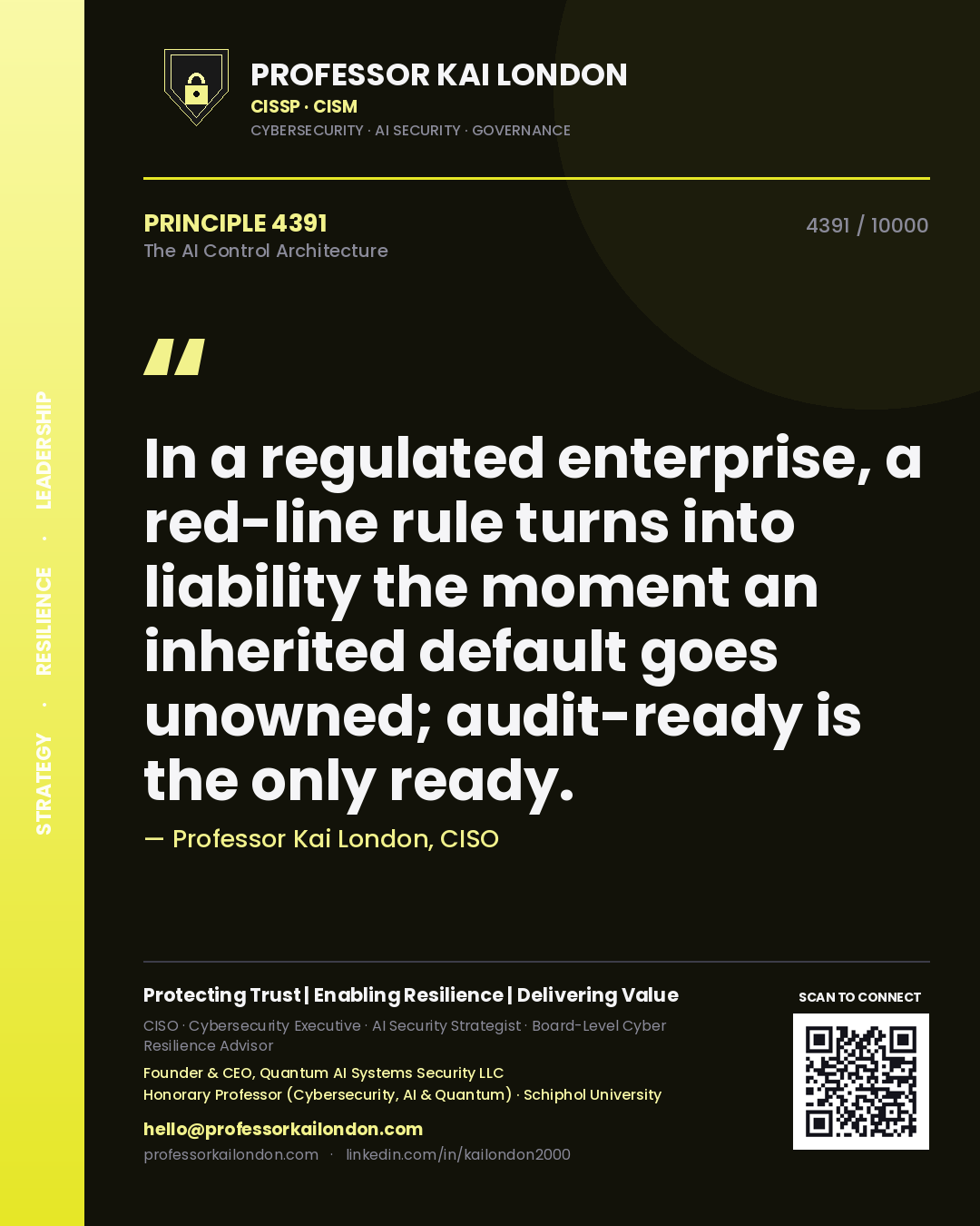 Quote card by Professor Kai London reading 'In a regulated enterprise, a red-line rule turns into liability the moment an inherited default goes unowned; audit-ready is the only ready.'. From the book The AI Control Architecture.