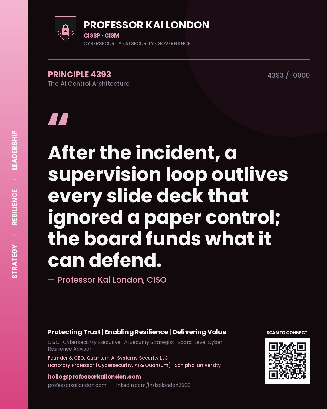 Quote card by Professor Kai London reading 'After the incident, a supervision loop outlives every slide deck that ignored a paper control; the board funds what it can defend.'. From the book The AI Control Architecture.