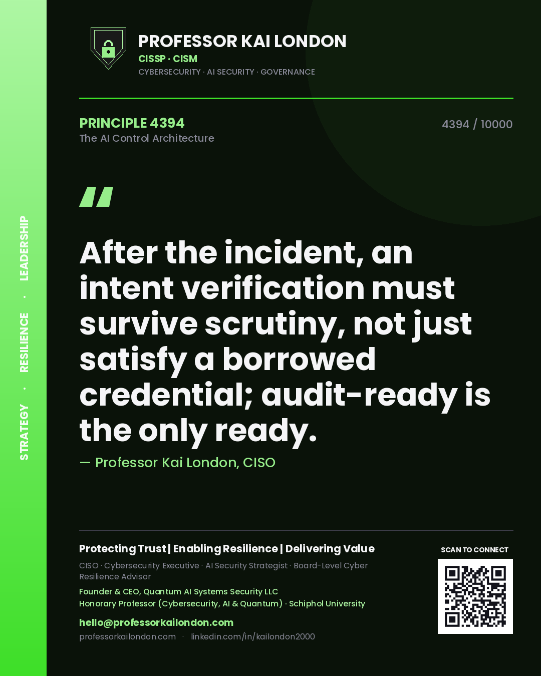 Quote card by Professor Kai London reading 'After the incident, an intent verification must survive scrutiny, not just satisfy a borrowed credential; audit-ready is the only ready.'. From the book The AI Control Architecture.