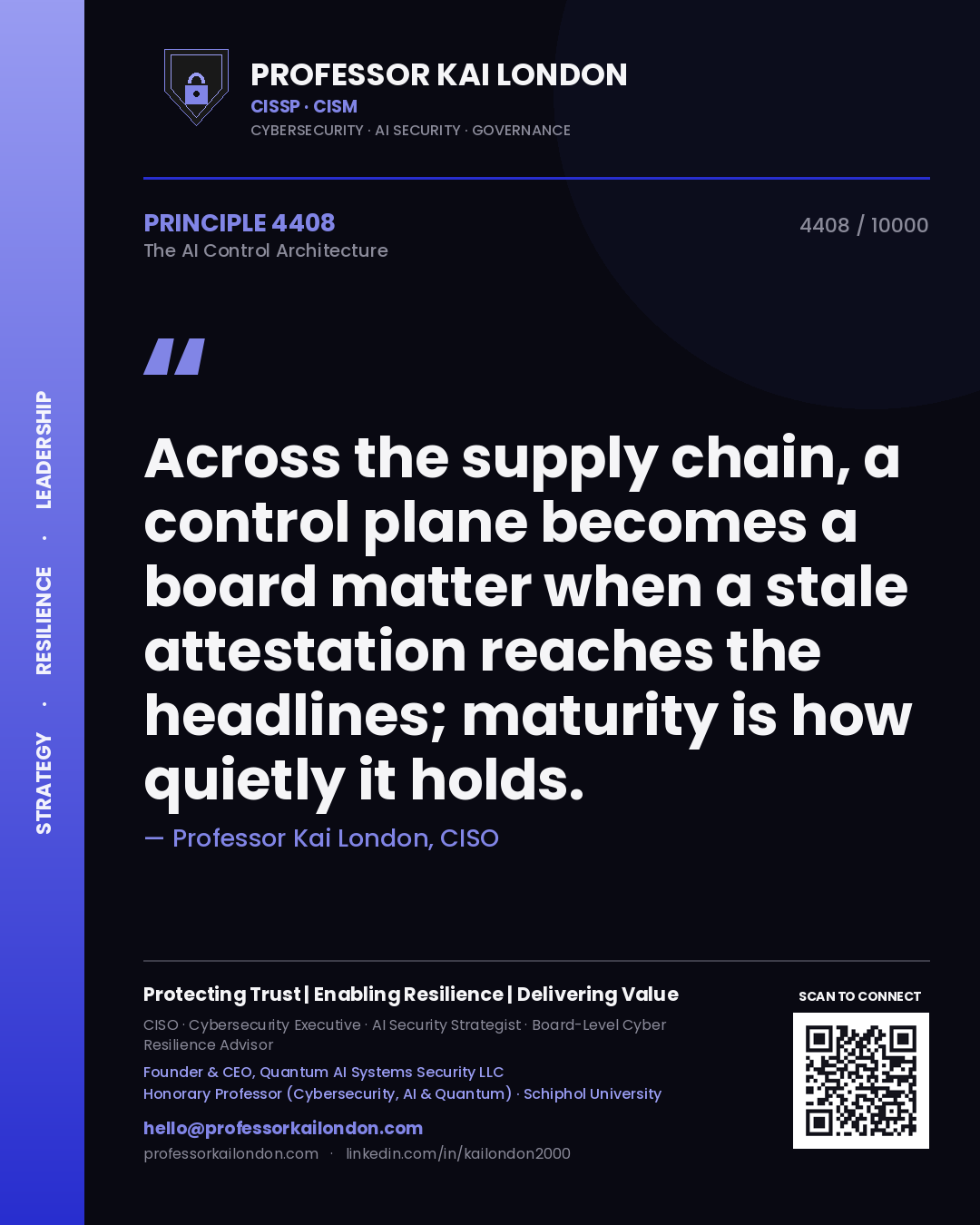 Professor Kai London principle 4408: Across the supply chain, a control plane becomes a board matter when a stale attestation reaches the headlines; maturity is how quietly it holds.