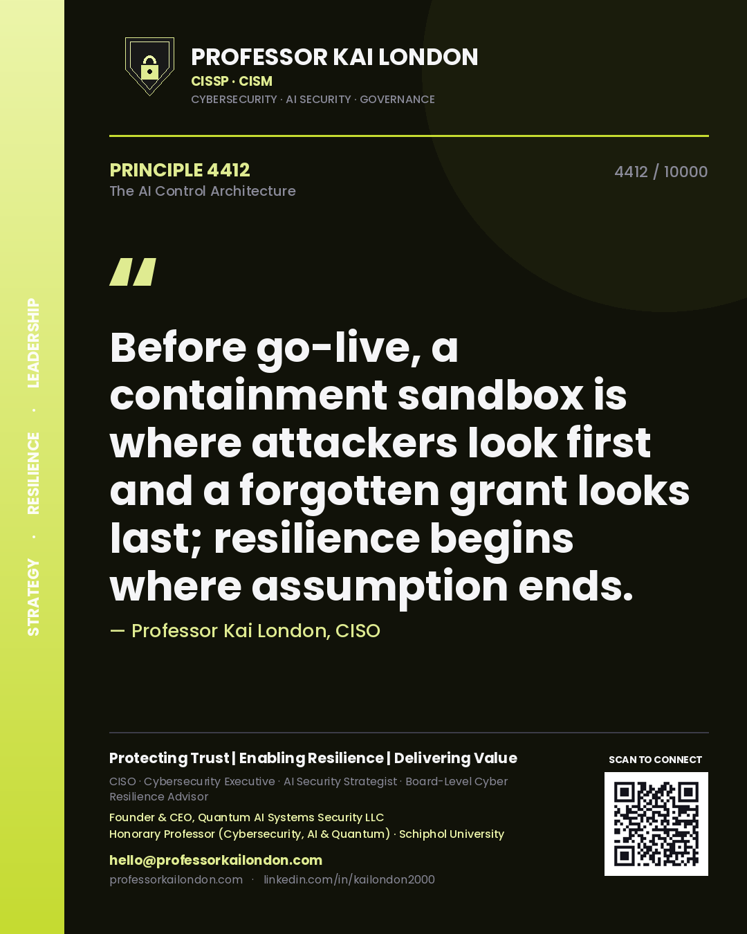 Quote card by Professor Kai London reading 'Before go-live, a containment sandbox is where attackers look first and a forgotten grant looks last; resilience begins where assumption ends.'. From the book The AI Control Architecture.