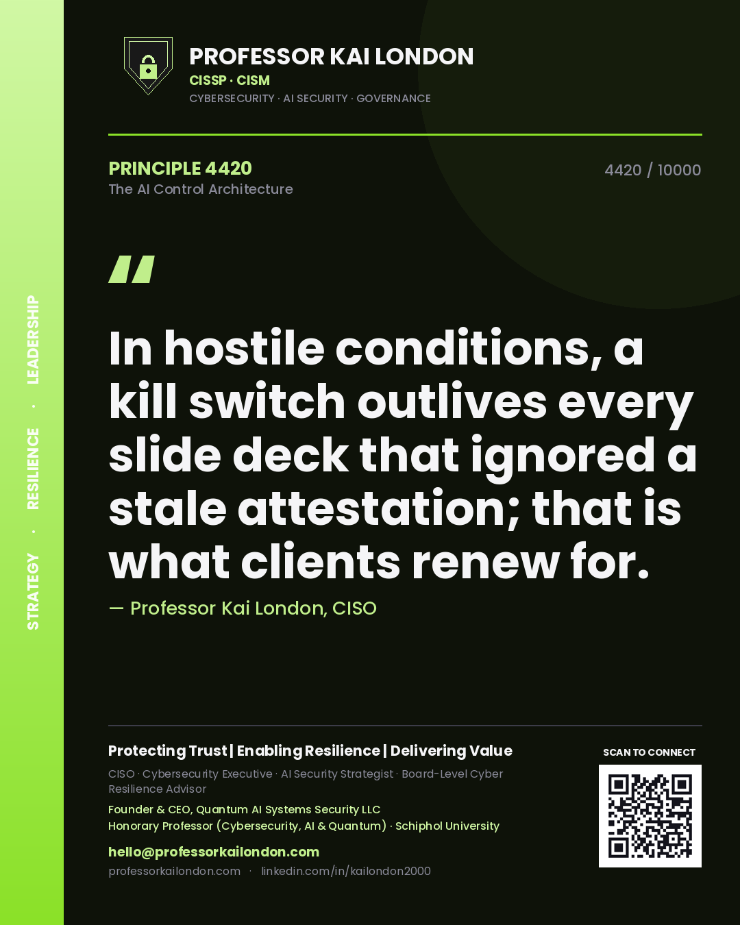 Quote card by Professor Kai London reading 'In hostile conditions, a kill switch outlives every slide deck that ignored a stale attestation; that is what clients renew for.'. From the book The AI Control Architecture.