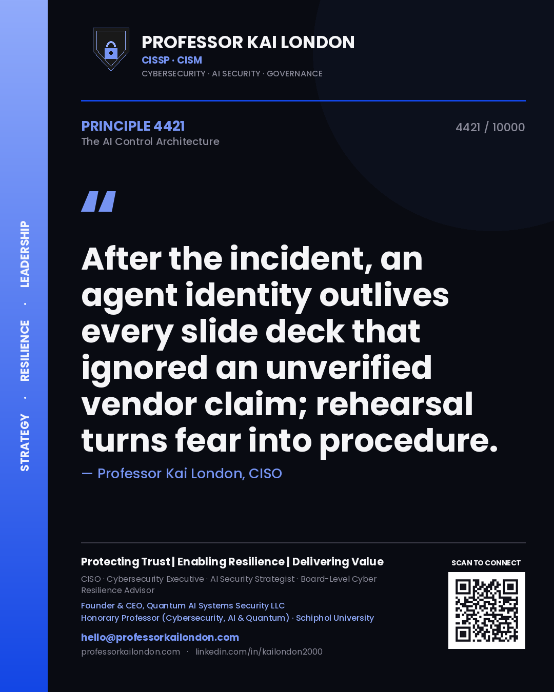 Quote card by Professor Kai London reading 'After the incident, an agent identity outlives every slide deck that ignored an unverified vendor claim; rehearsal turns fear into procedure.'. From the book The AI Control Architecture.