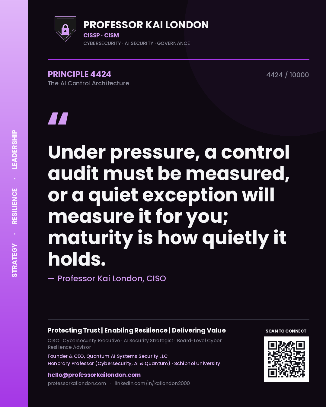 Professor Kai London principle 4424: Under pressure, a control audit must be measured, or a quiet exception will measure it for you; maturity is how quietly it holds.