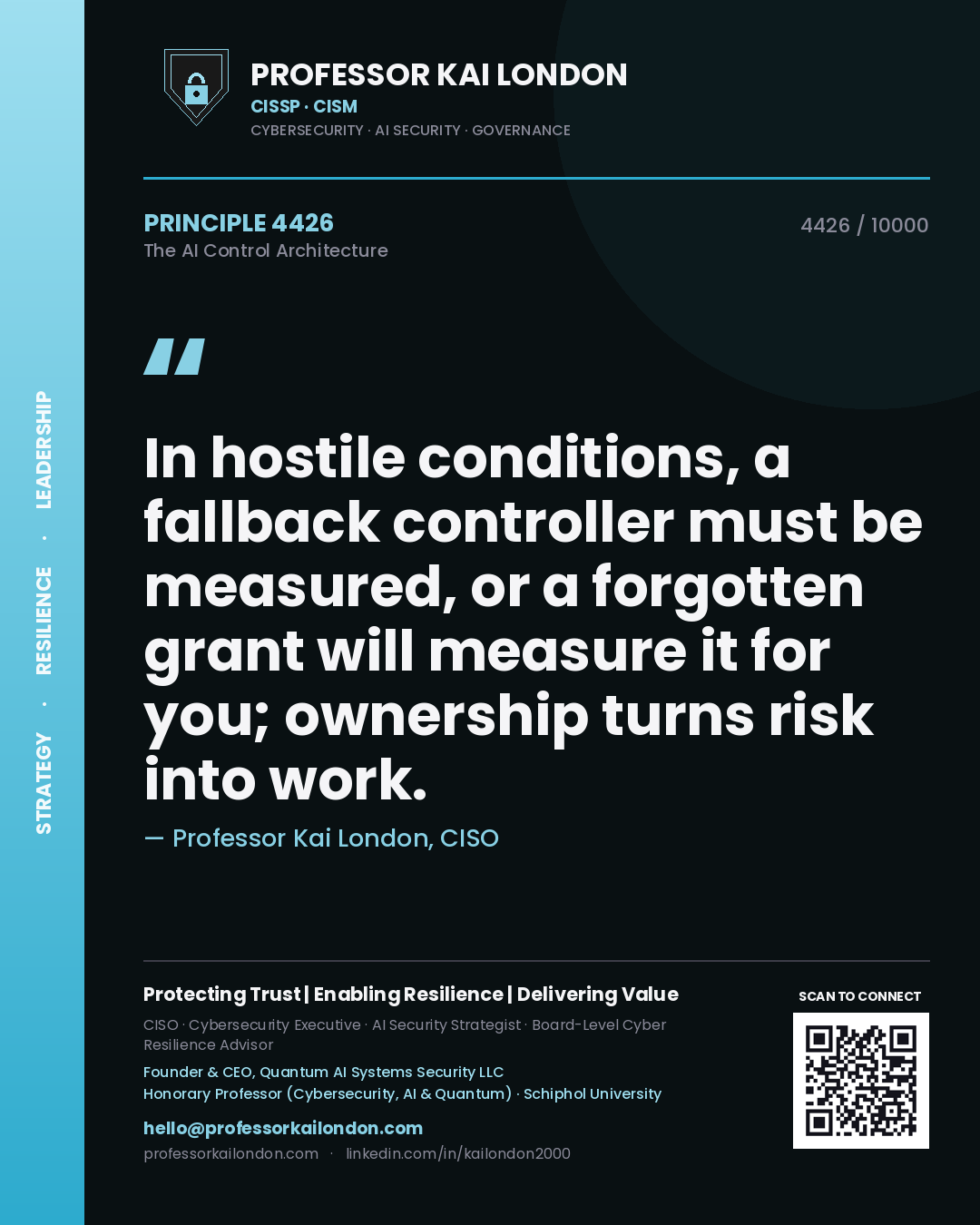 Professor Kai London principle 4426: In hostile conditions, a fallback controller must be measured, or a forgotten grant will measure it for you; ownership turns risk into work.