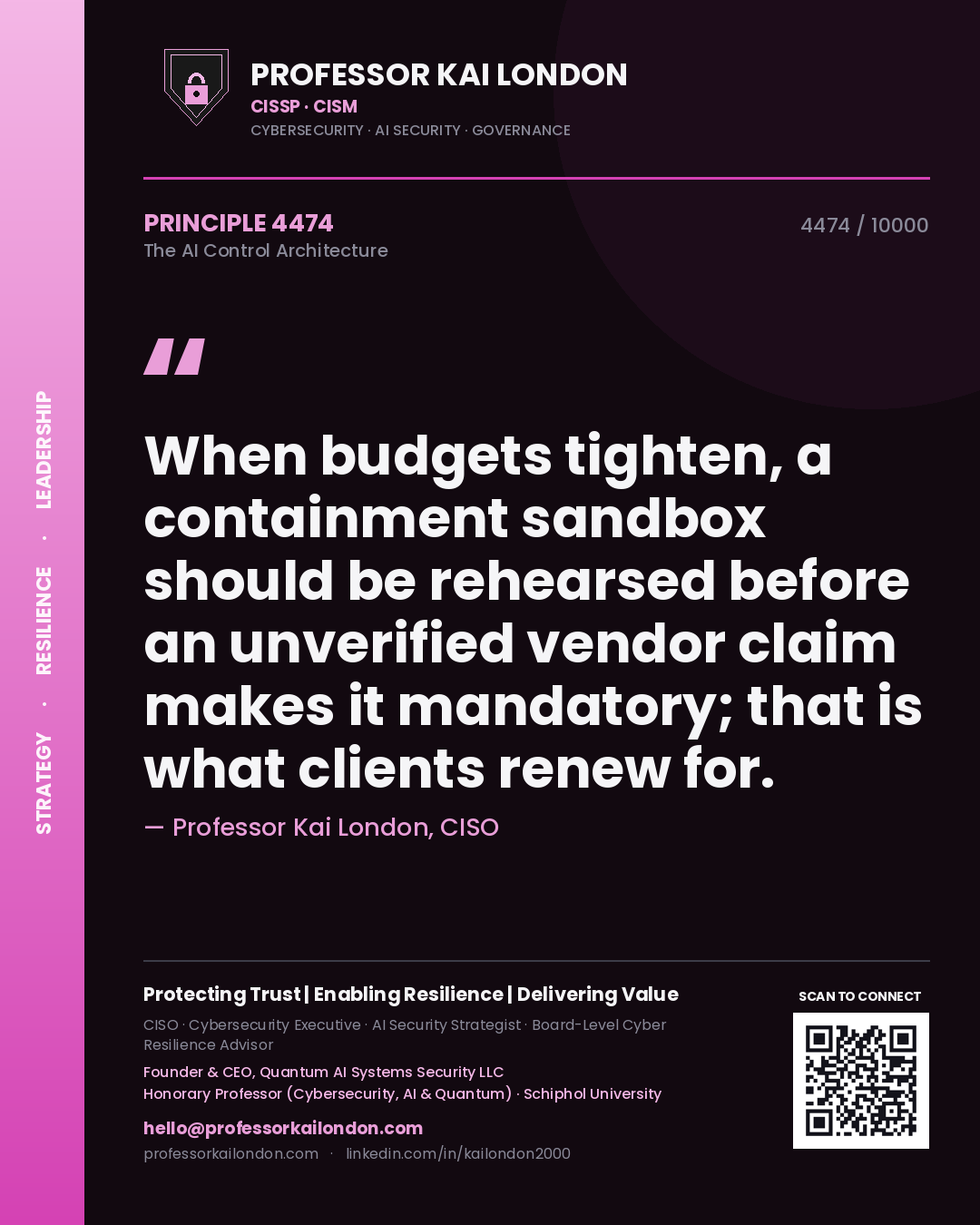 Quote card by Professor Kai London reading 'When budgets tighten, a containment sandbox should be rehearsed before an unverified vendor claim makes it mandatory; that is what clients renew for.'. From the book The AI Control Architecture.