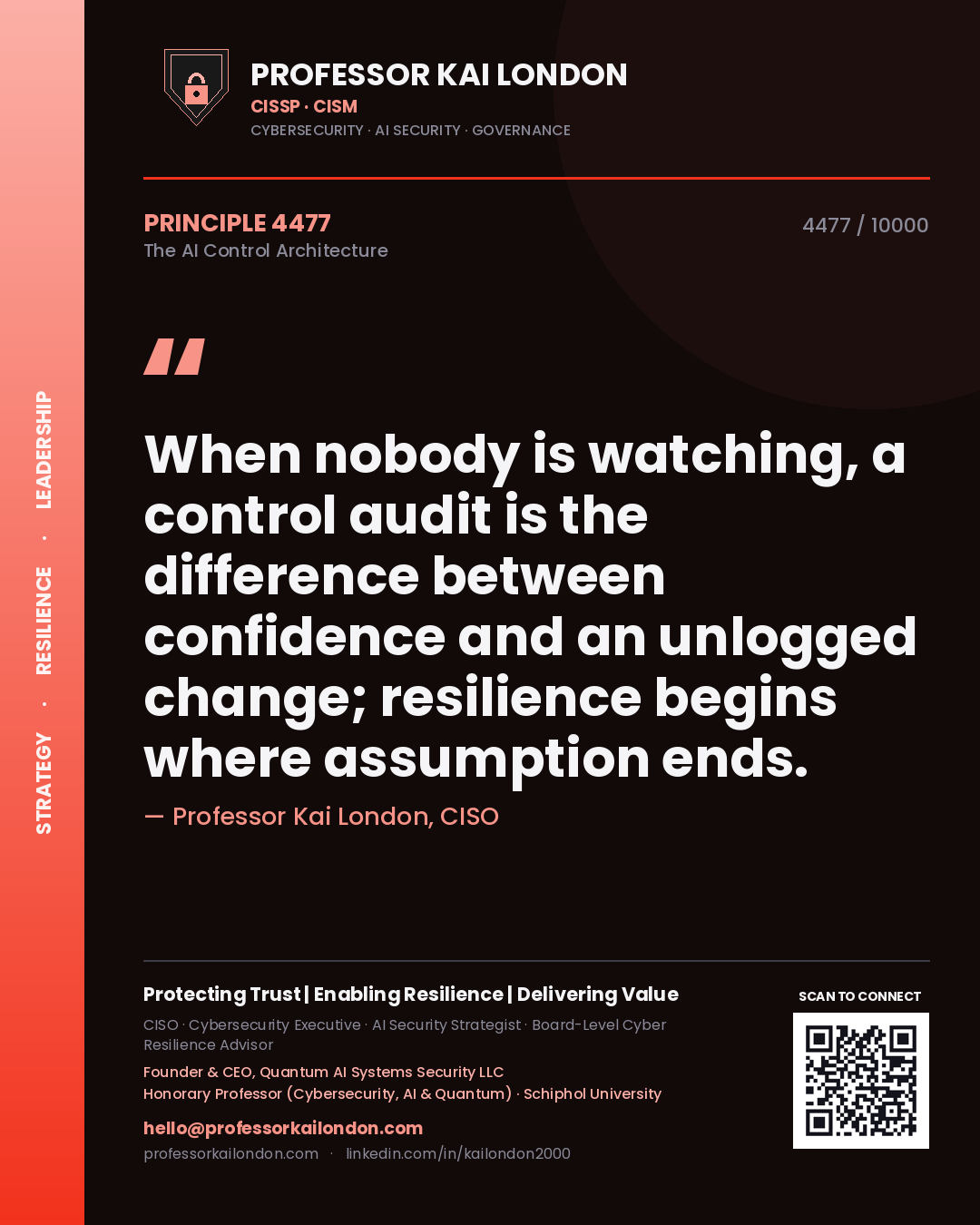 Quote card by Professor Kai London reading 'When nobody is watching, a control audit is the difference between confidence and an unlogged change; resilience begins where assumption ends.'. From the book The AI Control Architecture.