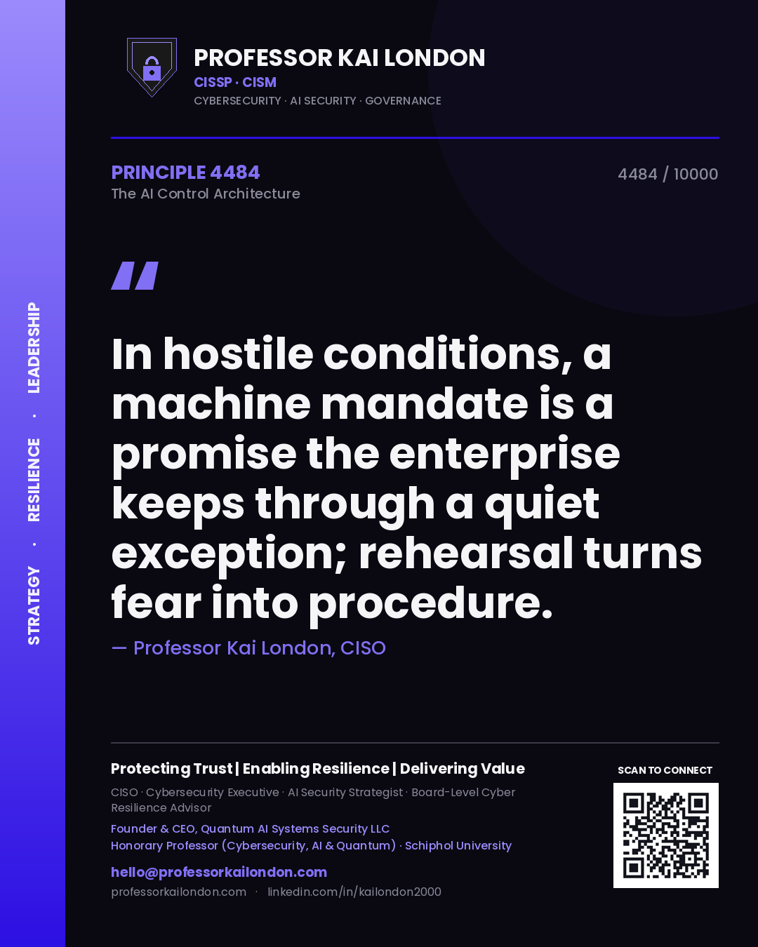 Quote card by Professor Kai London reading 'In hostile conditions, a machine mandate is a promise the enterprise keeps through a quiet exception; rehearsal turns fear into procedure.'. From the book The AI Control Architecture.