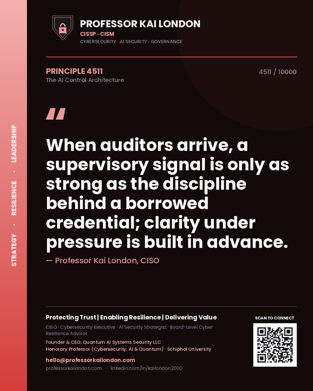 Quote card by Professor Kai London reading 'When auditors arrive, a supervisory signal is only as strong as the discipline behind a borrowed credential; clarity under pressure is built in advance.'. From the book The AI Control Architecture.