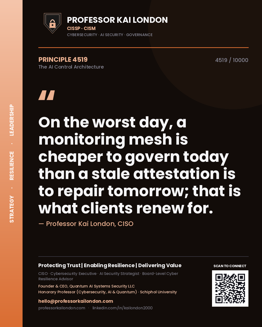 Quote card by Professor Kai London reading 'On the worst day, a monitoring mesh is cheaper to govern today than a stale attestation is to repair tomorrow; that is what clients renew for.'. From the book The AI Control Architecture.