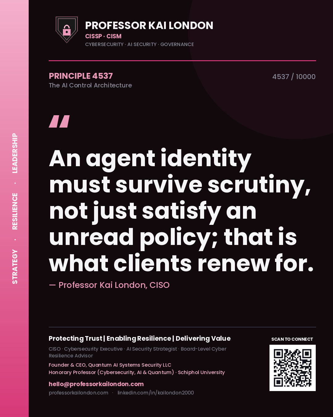 Quote card by Professor Kai London reading 'An agent identity must survive scrutiny, not just satisfy an unread policy; that is what clients renew for.'. From the book The AI Control Architecture.