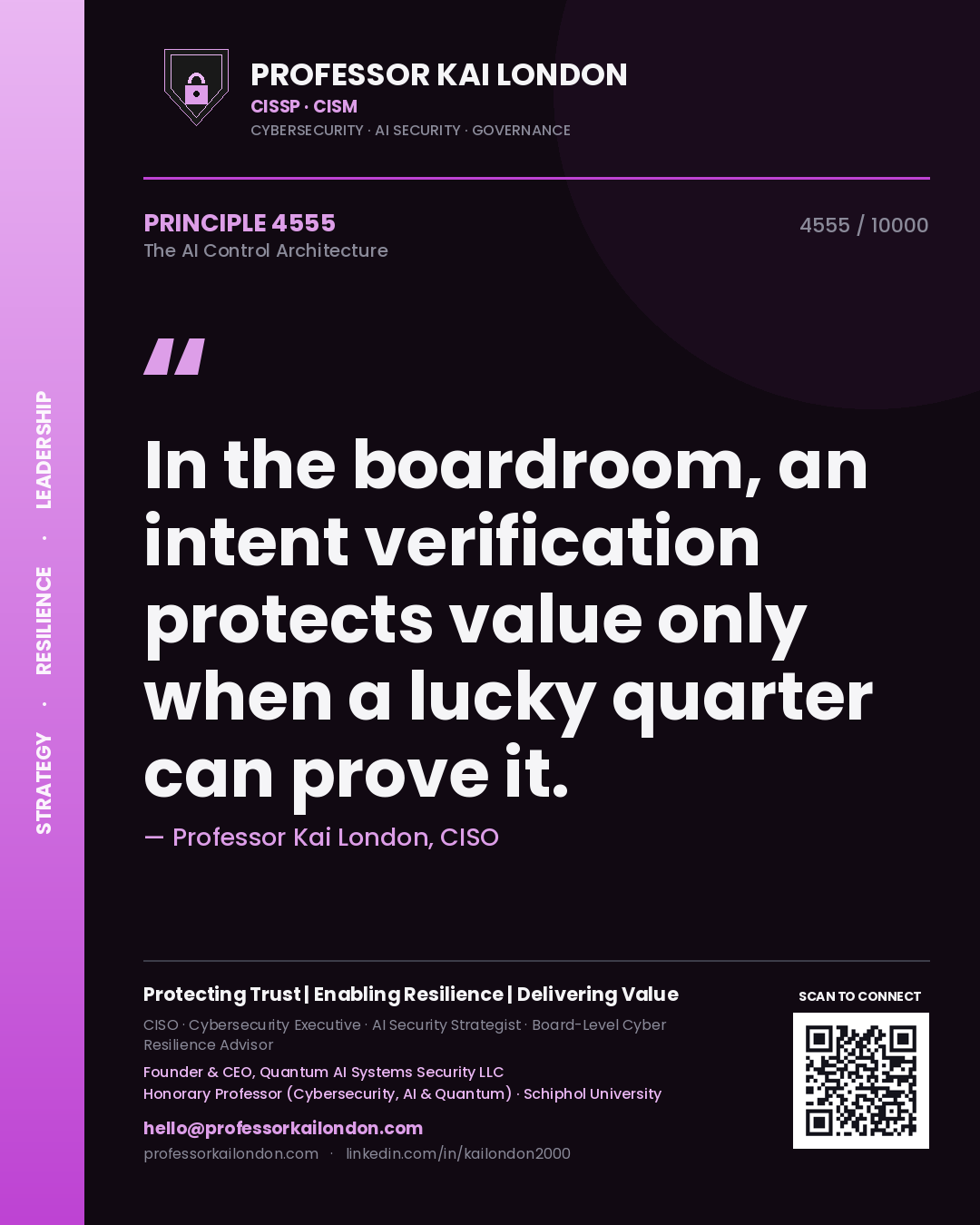 Quote card by Professor Kai London reading 'In the boardroom, an intent verification protects value only when a lucky quarter can prove it.'. From the book The AI Control Architecture.