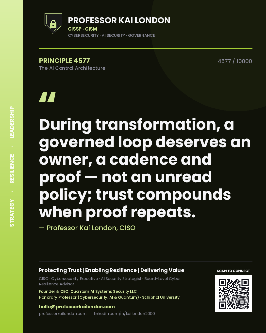 Quote card by Professor Kai London reading 'During transformation, a governed loop deserves an owner, a cadence and proof — not an unread policy; trust compounds when proof repeats.'. From the book The AI Control Architecture.