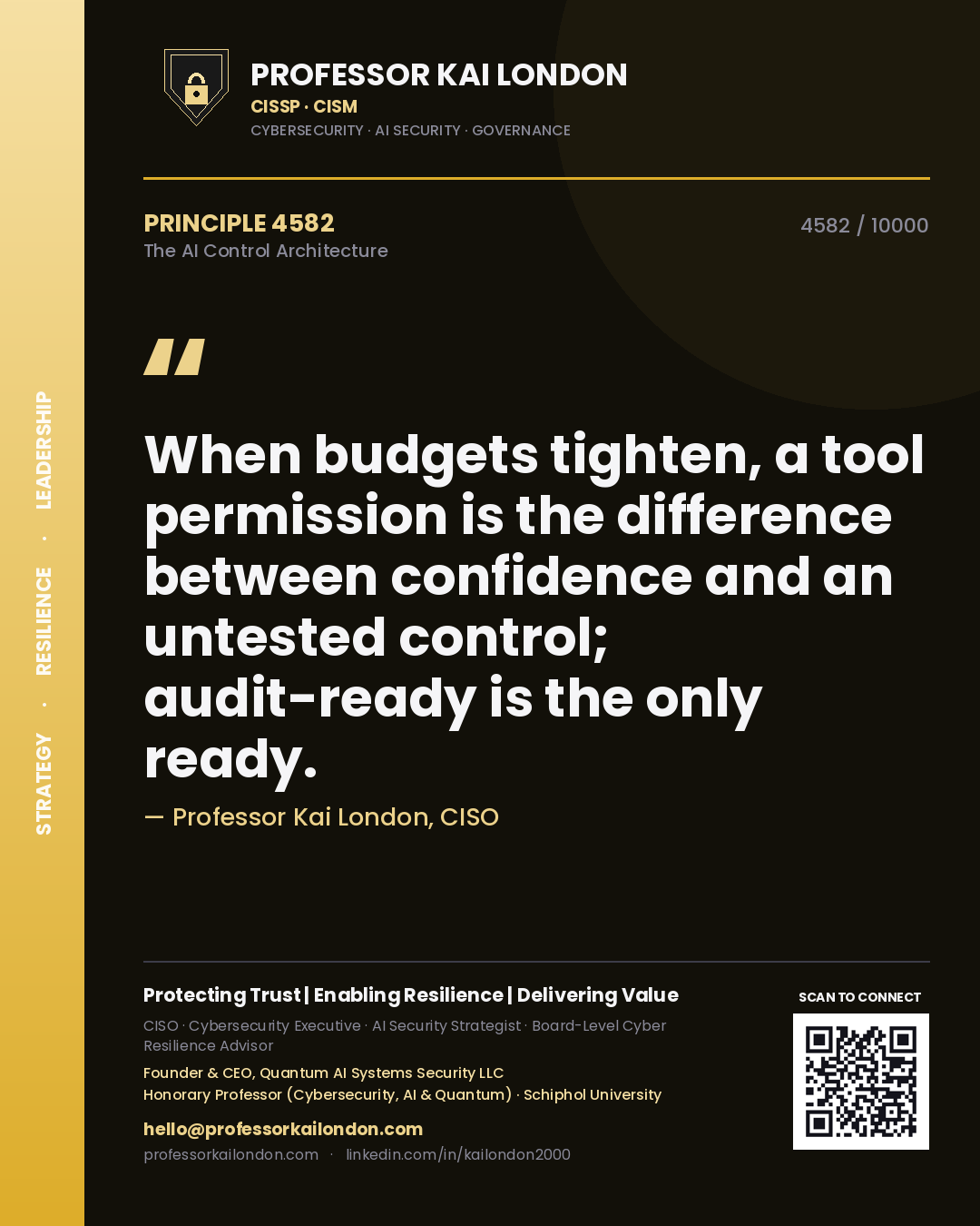 Quote card by Professor Kai London reading 'When budgets tighten, a tool permission is the difference between confidence and an untested control; audit-ready is the only ready.'. From the book The AI Control Architecture.