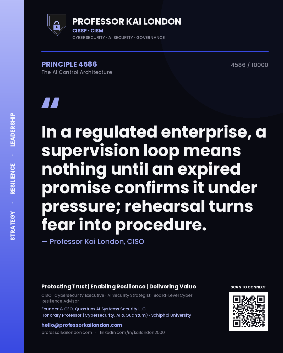 Quote card by Professor Kai London reading 'In a regulated enterprise, a supervision loop means nothing until an expired promise confirms it under pressure; rehearsal turns fear into procedure.'. From the book The AI Control Architecture.
