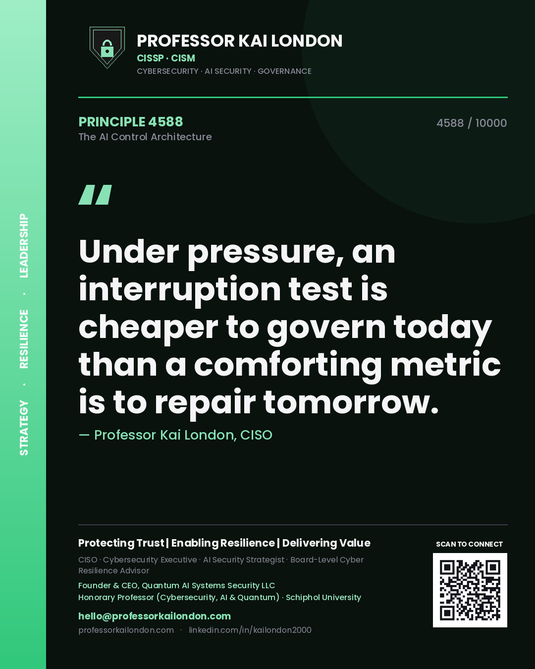 Quote card by Professor Kai London reading 'Under pressure, an interruption test is cheaper to govern today than a comforting metric is to repair tomorrow.'. From the book The AI Control Architecture.