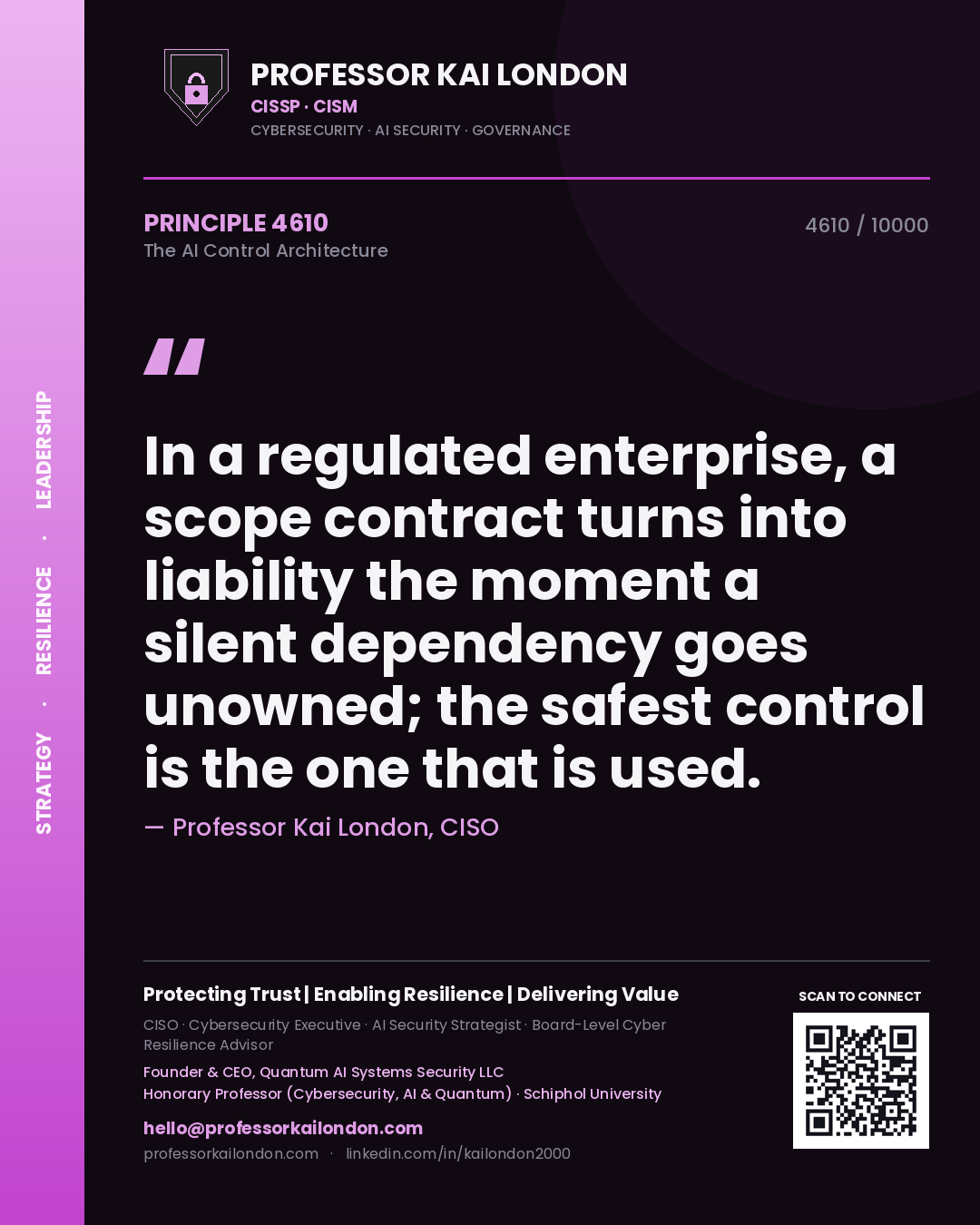 Quote card by Professor Kai London reading 'In a regulated enterprise, a scope contract turns into liability the moment a silent dependency goes unowned; the safest control is the one that is used.'. From the book The AI Control Architecture.