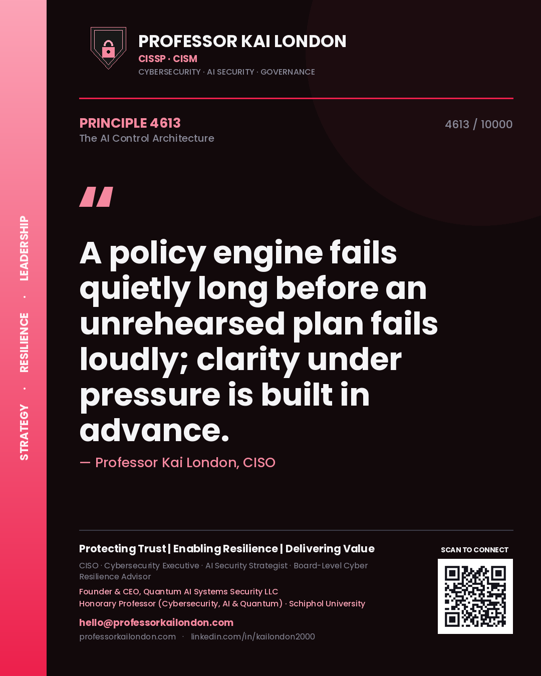 Quote card by Professor Kai London reading 'A policy engine fails quietly long before an unrehearsed plan fails loudly; clarity under pressure is built in advance.'. From the book The AI Control Architecture.