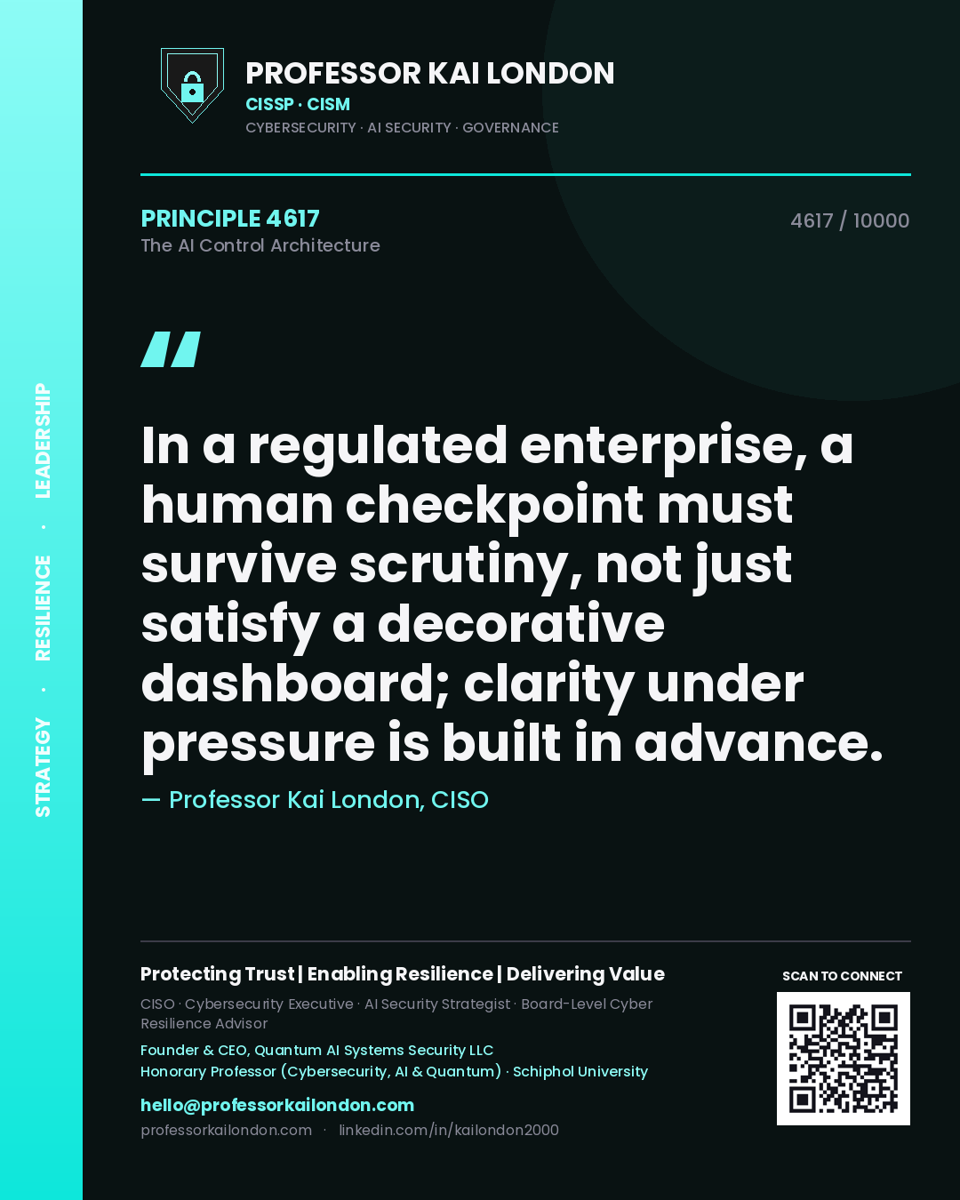 Quote card by Professor Kai London reading 'In a regulated enterprise, a human checkpoint must survive scrutiny, not just satisfy a decorative dashboard; clarity under pressure is built in advance.'. From the book The AI Control Architecture.