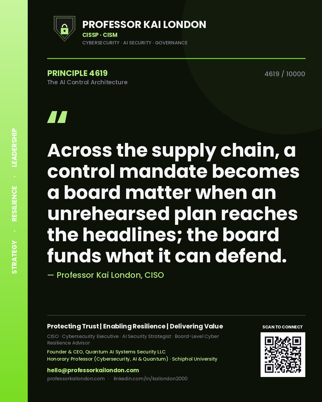 Quote card by Professor Kai London reading 'Across the supply chain, a control mandate becomes a board matter when an unrehearsed plan reaches the headlines; the board funds what it can defend.'. From the book The AI Control Architecture.