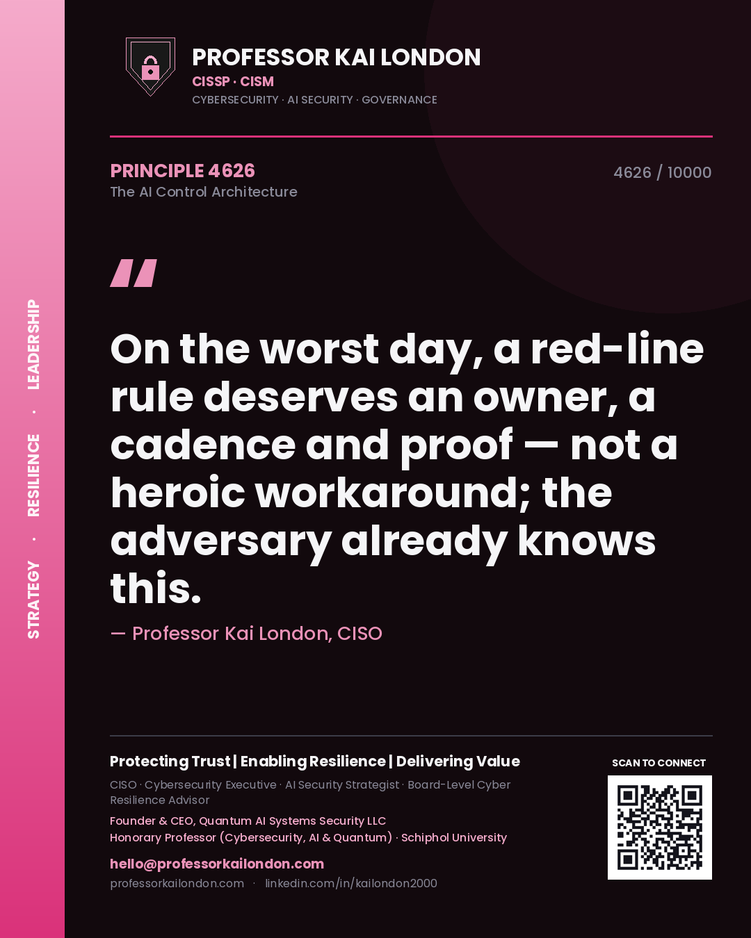 Quote card by Professor Kai London reading 'On the worst day, a red-line rule deserves an owner, a cadence and proof — not a heroic workaround; the adversary already knows this.'. From the book The AI Control Architecture.