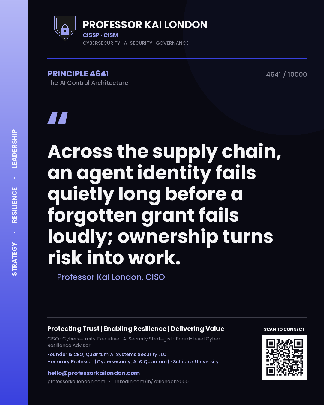 Quote card by Professor Kai London reading 'Across the supply chain, an agent identity fails quietly long before a forgotten grant fails loudly; ownership turns risk into work.'. From the book The AI Control Architecture.