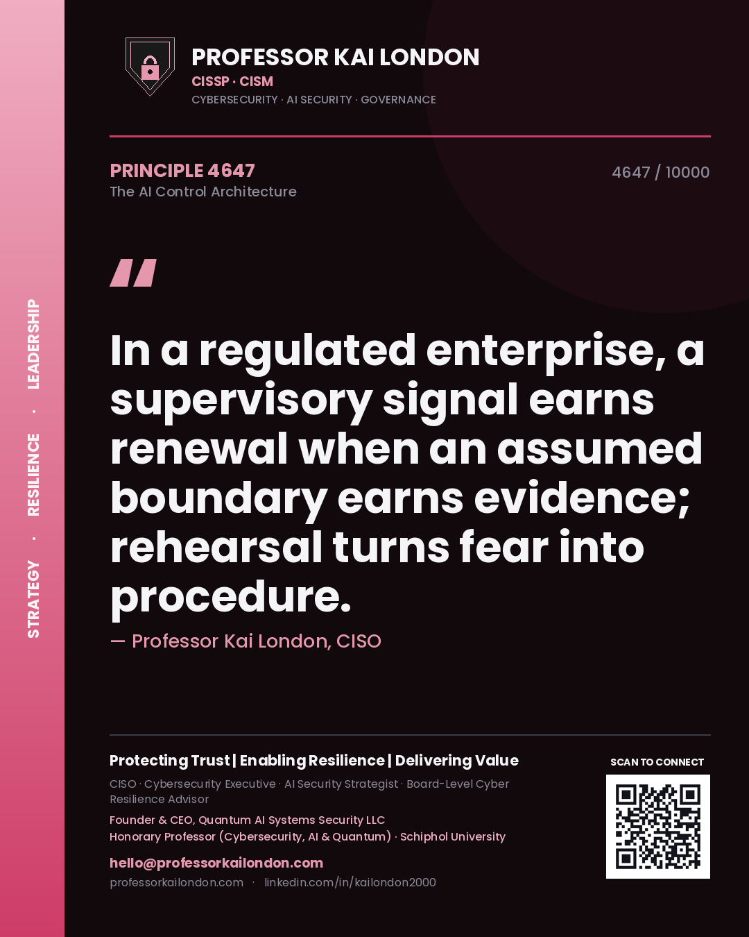 Professor Kai London principle 4647: In a regulated enterprise, a supervisory signal earns renewal when an assumed boundary earns evidence; rehearsal turns fear into procedure.