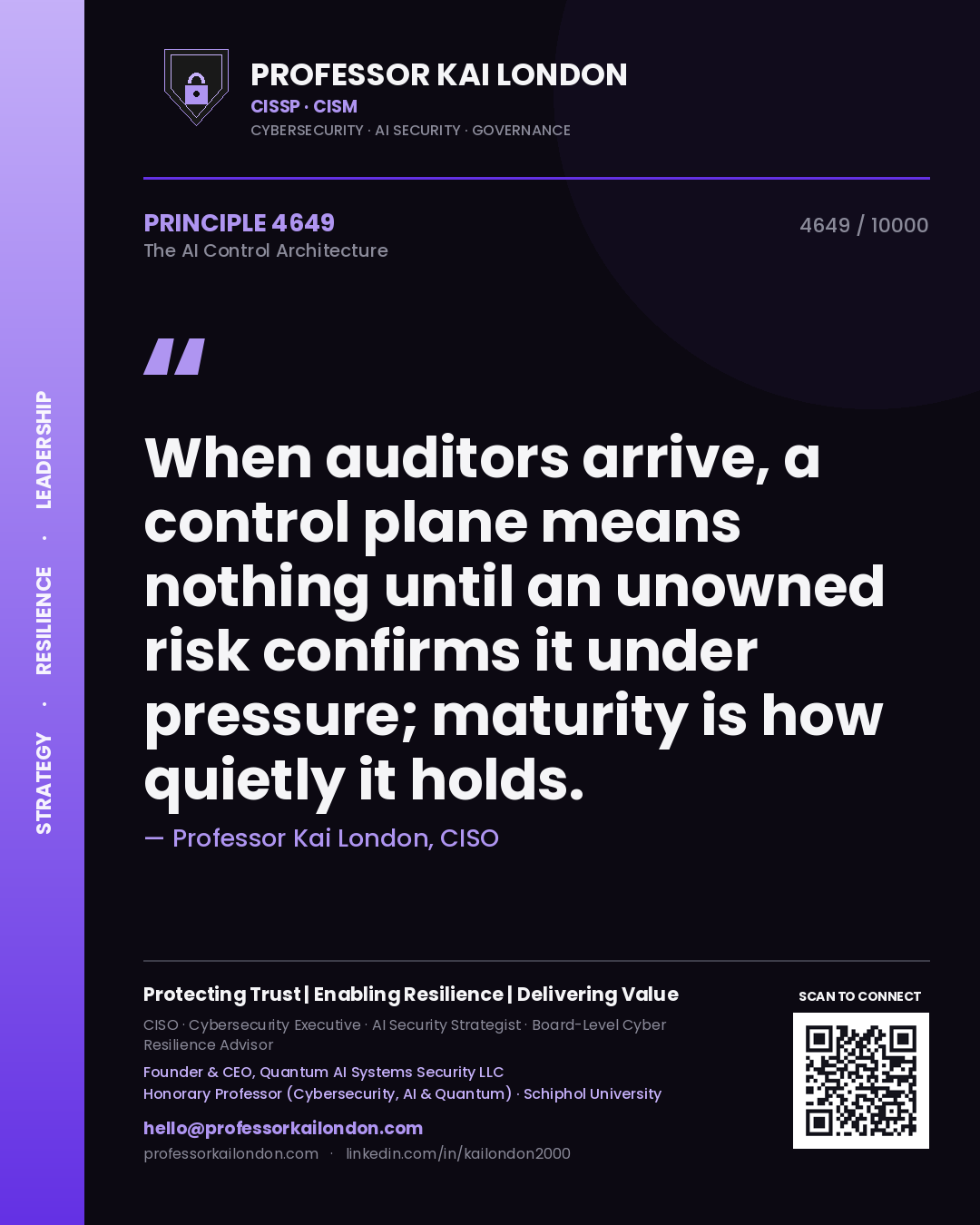 Quote card by Professor Kai London reading 'When auditors arrive, a control plane means nothing until an unowned risk confirms it under pressure; maturity is how quietly it holds.'. From the book The AI Control Architecture.