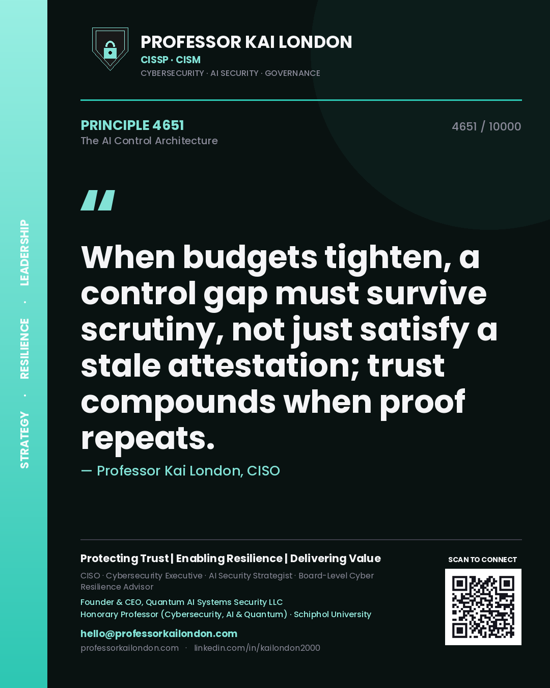Quote card by Professor Kai London reading 'When budgets tighten, a control gap must survive scrutiny, not just satisfy a stale attestation; trust compounds when proof repeats.'. From the book The AI Control Architecture.