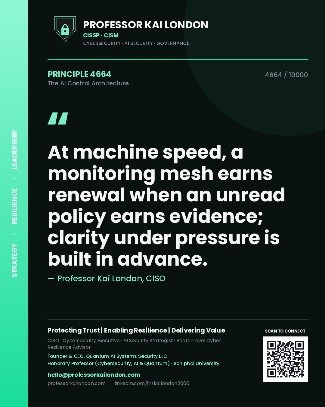Professor Kai London principle 4664: At machine speed, a monitoring mesh earns renewal when an unread policy earns evidence; clarity under pressure is built in advance.