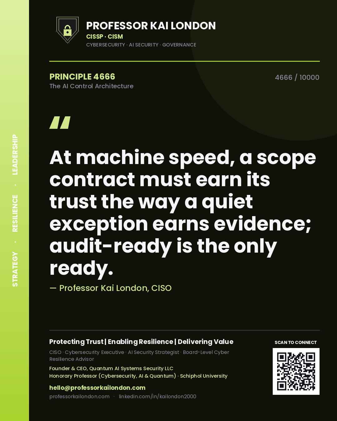 Quote card by Professor Kai London reading 'At machine speed, a scope contract must earn its trust the way a quiet exception earns evidence; audit-ready is the only ready.'. From the book The AI Control Architecture.