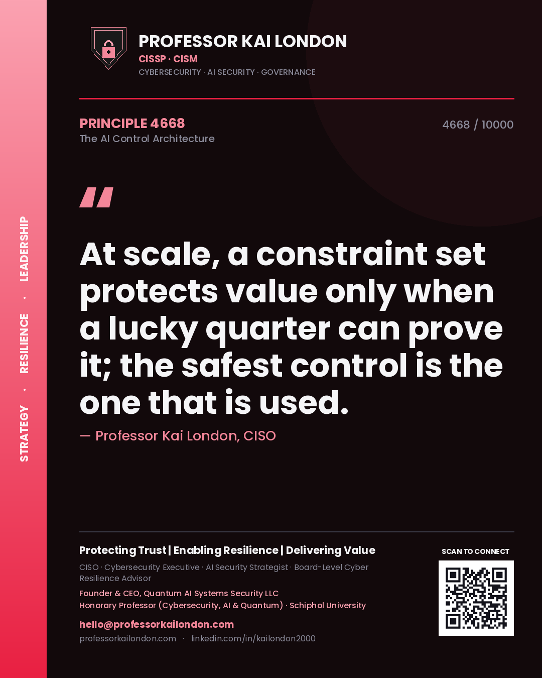 Quote card by Professor Kai London reading 'At scale, a constraint set protects value only when a lucky quarter can prove it; the safest control is the one that is used.'. From the book The AI Control Architecture.