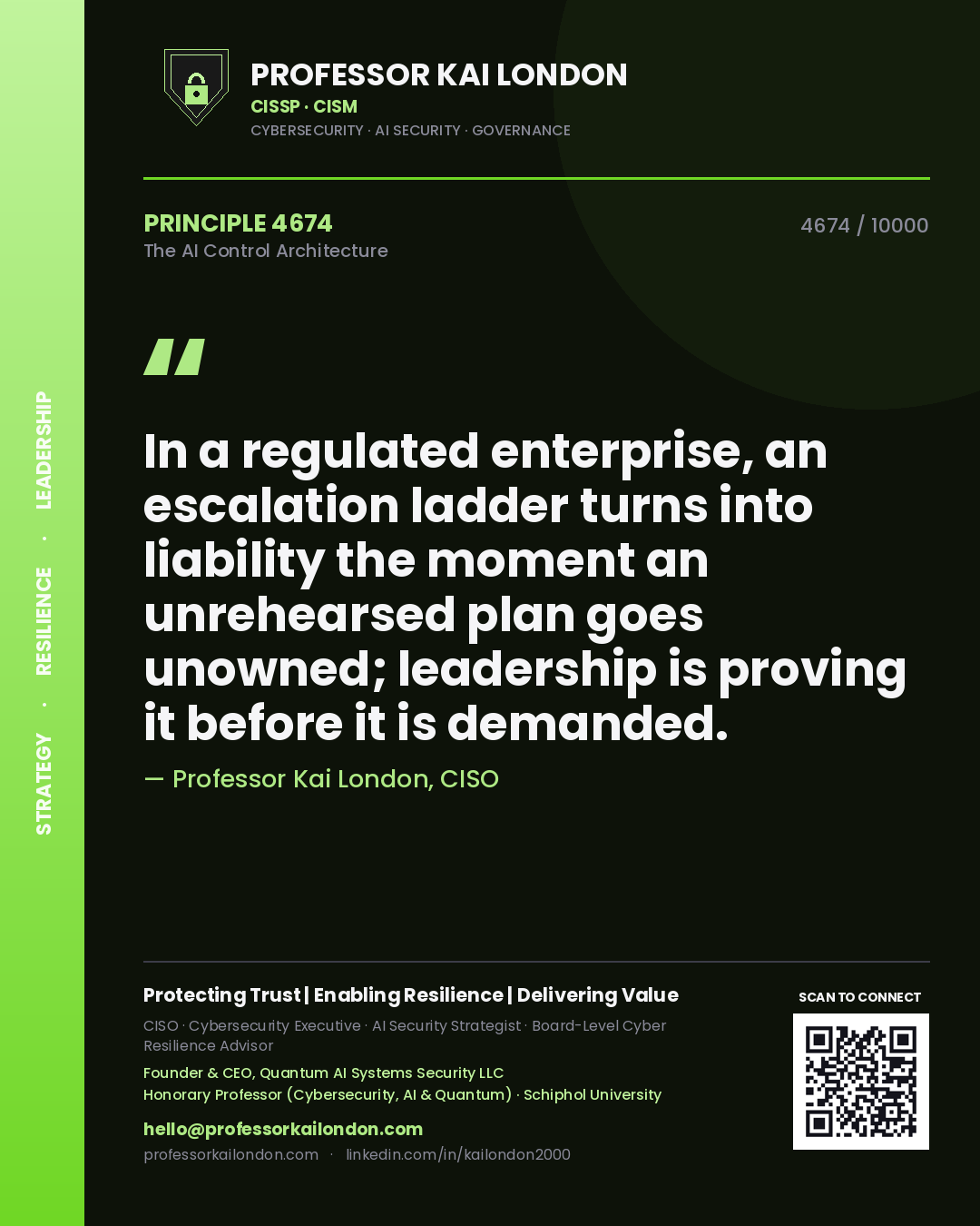 Professor Kai London principle 4674: In a regulated enterprise, an escalation ladder turns into liability the moment an unrehearsed plan goes unowned; leadership is proving it before it is demanded.