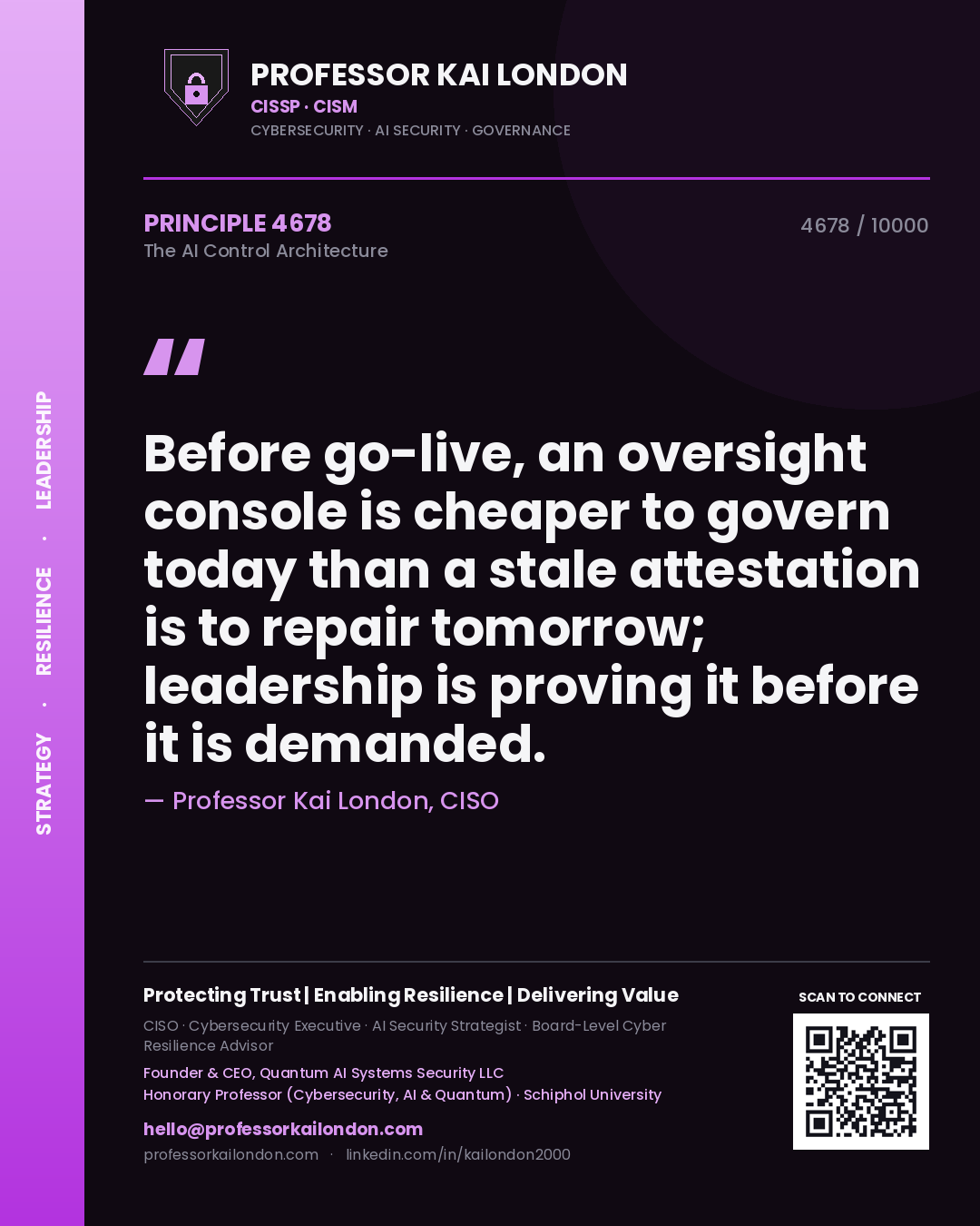 Quote card by Professor Kai London reading 'Before go-live, an oversight console is cheaper to govern today than a stale attestation is to repair tomorrow; leadership is proving it before it is demanded.'. From the book The AI Control Architecture.