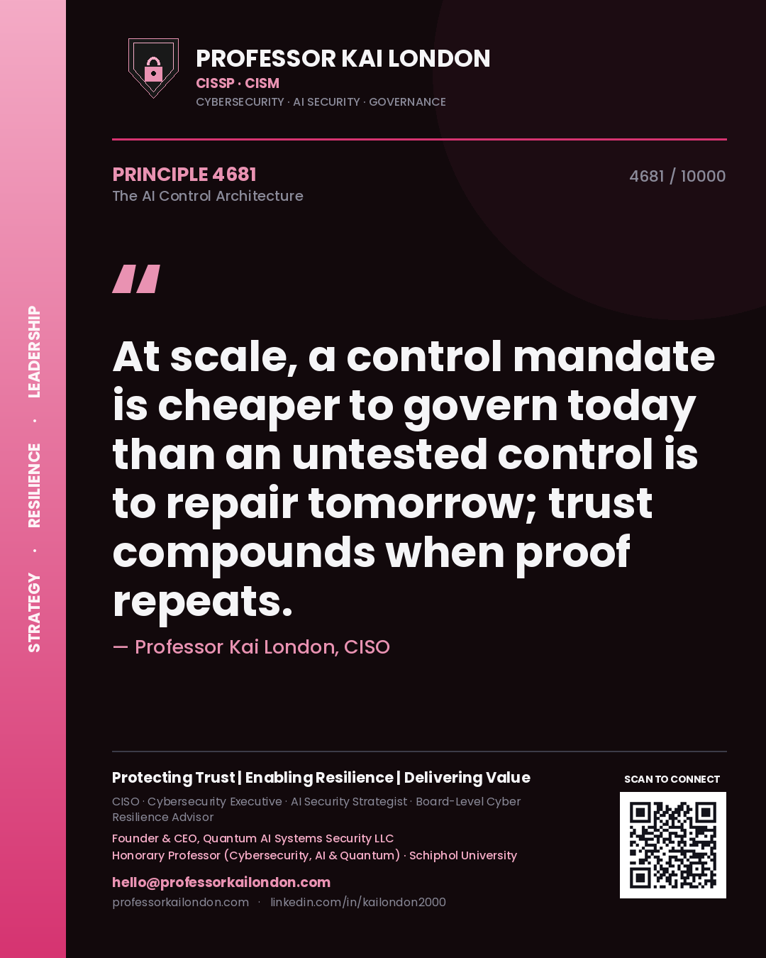 Quote card by Professor Kai London reading 'At scale, a control mandate is cheaper to govern today than an untested control is to repair tomorrow; trust compounds when proof repeats.'. From the book The AI Control Architecture.