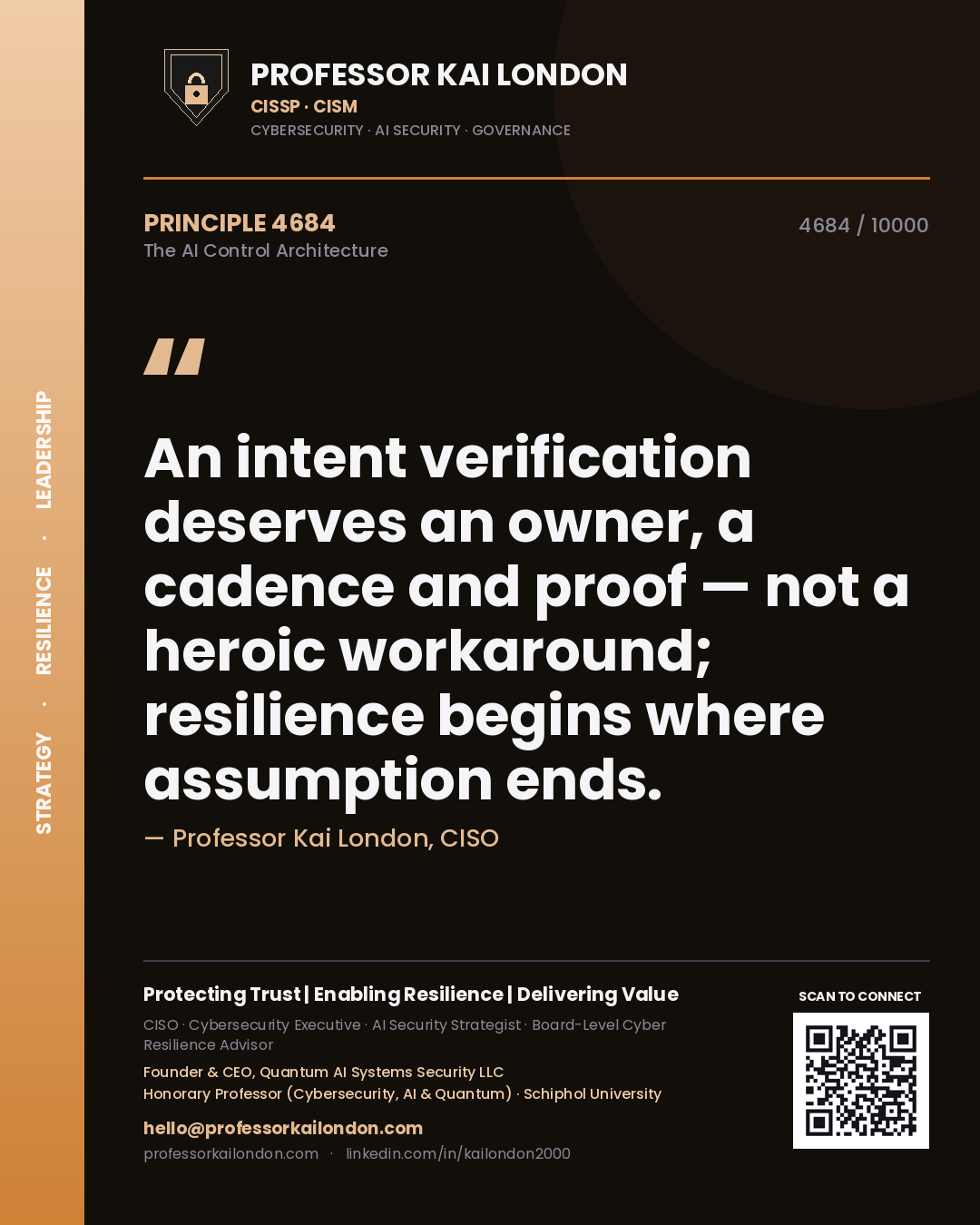 Quote card by Professor Kai London reading 'An intent verification deserves an owner, a cadence and proof — not a heroic workaround; resilience begins where assumption ends.'. From the book The AI Control Architecture.