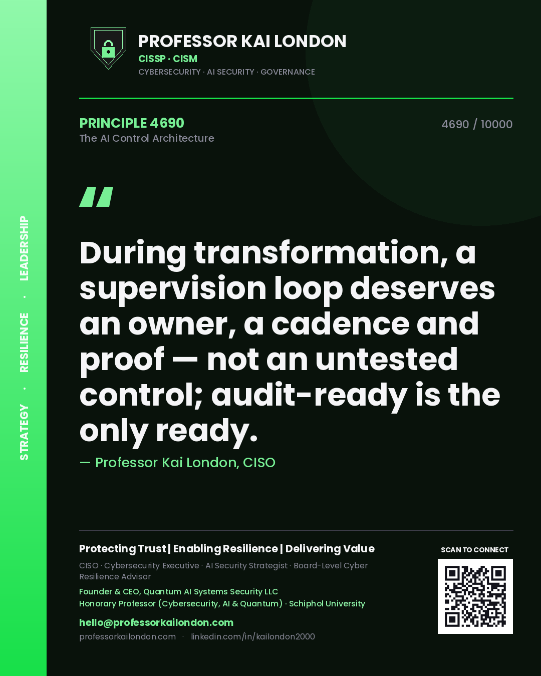 Professor Kai London principle 4690: During transformation, a supervision loop deserves an owner, a cadence and proof — not an untested control; audit-ready is the only ready.
