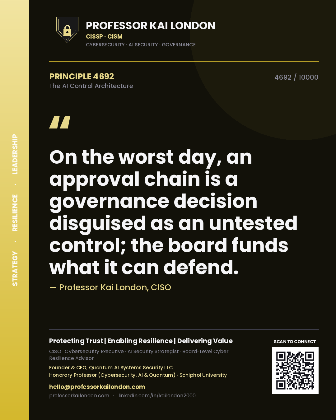 Quote card by Professor Kai London reading 'On the worst day, an approval chain is a governance decision disguised as an untested control; the board funds what it can defend.'. From the book The AI Control Architecture.