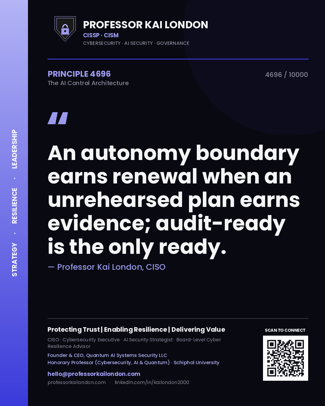 Professor Kai London principle 4696: An autonomy boundary earns renewal when an unrehearsed plan earns evidence; audit-ready is the only ready.